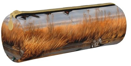 KCGSDEGV Federmäppchen, Motiv: Jagd, fliegende wilde Ente, rund, niedliches Leder-Federmäppchen, Stifteetui, Schreibwaren-Organizer, Box für Schule, Mädchen, Jungen, weiß, Einheitsgröße, Schulranzen