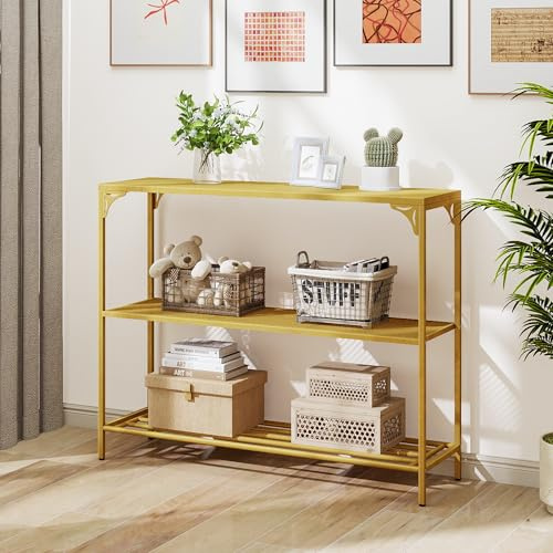 HDANI Consolle Ingresso,Tavolo Console con 2 Ripiani di Rete Metallica,Tavolino da Divano, Corridoio,Entrata,Soggiorno,100 x 30 x 80cm,Stile Industriale,Oro