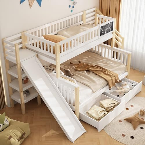Ymkua Etagenbett Kinderbett 90x200 & 140x200 cm, Hochbett Bett mit Stauraum und Rutsche, Holzbett mit 2 Schubladen und Lattenrost, Bettgestell mit Treppe und Lagerregal, Graffiti-Brett, Ohne Matratze