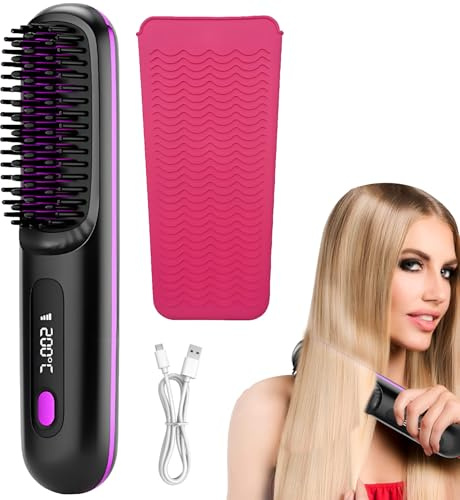 Hair Straighteners Brush, Portable Straightener Brush, Cordless Hair Straighteners Brush with Silicone Organizer, Hot Comb Hair Straightener Cordless for All Hair Types (Black)