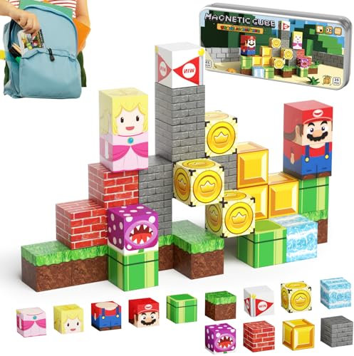 STEM MATCH Magnetische Bausteine Reisespielzeug für Kinder, Tragbare Eisenbox Magnetische Spielsteine 35 PCS, Magnetisches Konstruktionsspielzeug Reisen Spielzeug Geschenk für Kinder ab 3+ Jahren
