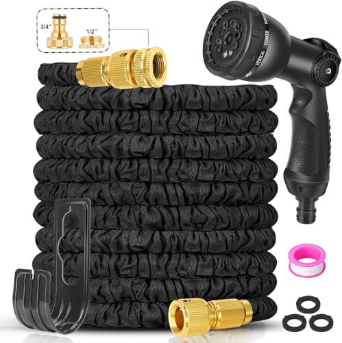 Expandable Garden Hose Pipe 100ft - Water Hose with 10 Functions Gun and 3/4, 1/2 Brass Fittings, Kink-Free Flexible Garden Hose, 3 Layers of Latex in an Expanding Hose Design for Easy Use & Storage