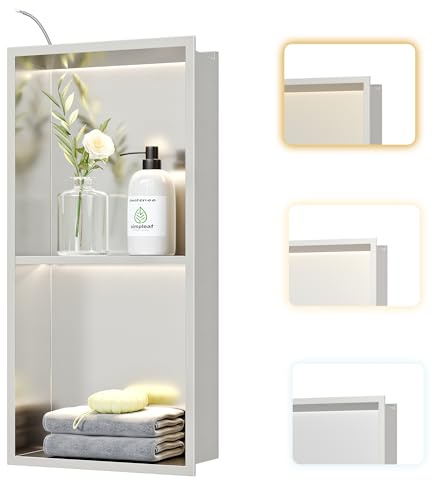 Neohomee Wall Recess Shower Stainless Steel with LED Light, 3 Colours, Embedded Shower Niche with Shelf 60 x 30 cm for Bathroom Storage