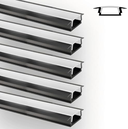 INNOVATE E-12 SLIM LED Einbauprofil 2m Schwarz 5 Stk. 17mm Diffusor Milchig | LED Einbauprofil Aluminium für LED Streifen 2m 12mm I Kühlkörper Indirekte Beleuchtung Wohnzimmer I Alu Einbauprofil Möbel