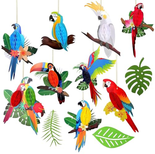 THXFUNAREA Dschungel Deko Hawaii Party Gartenparty Deko Sommer Deko Filz Kinderzimmer Deko Kindergeburtstag Sommerparty Girlande Palmenblätter Bunting Papagei Deko (9*Papageien + 3*Papierfächer)