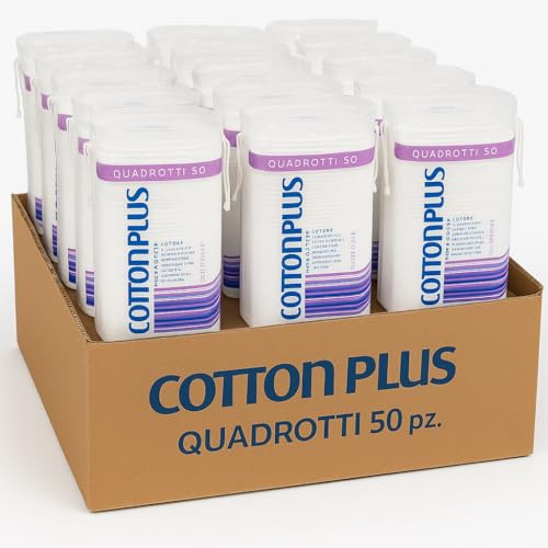 Cotton Plus Quadrotto Cotone 50 pz x 24 Confezioni - Dischetti Struccanti Viso in 100% Cotone Puro Dual Texture - Morbidi, Resistenti, Dermatologicamente Testati, Ideali per Uso Professionale