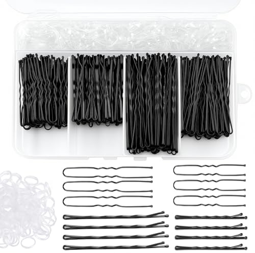 300 Horquillas Pelo Mujer, Horquillas Moño en U 2 Pulgadas 2.36 Pulgadas | Pasador de Pelo Ondulado 2 Pulgadas 2.75 Pulgadas con Transparente Gomas y Caja de Almacenamiento (Negro)