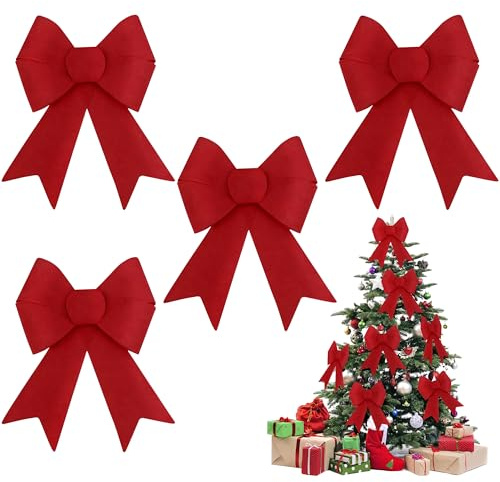 Lot de 4 gros nœuds rouges pour sapin de Noël - 21 x 31 cm - En velours - Pour cadeau de Noël - XXL - Pour pointe de sapin de Noël - Rouge