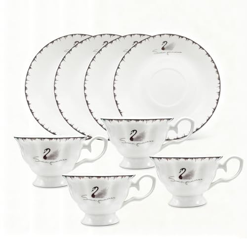 Pincary Ceramic TeaCups Set of 4 pcs – 7 oz White Bone China Style Cuptea | Elegant Ceramic Cup Set for Tea, Tea & Espresso | Microwave & Dishwasher Safe Set