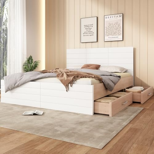 Merax Doppelbett Holzbett Stauraumbett mit 2 Schubladen 180x200 cm,Massivholzbett inkl.Lattenrost,Modernes Funktionsbett ohne Matratze – Weiß/Eiche