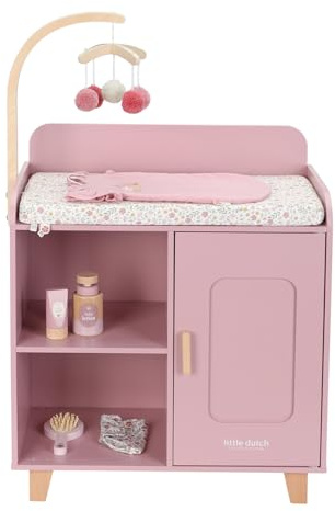 Little Dutch Puppen-Wickeltisch Wickelkommode mit Mobile und viel Zubehör für Babypuppe Puppe - rosa