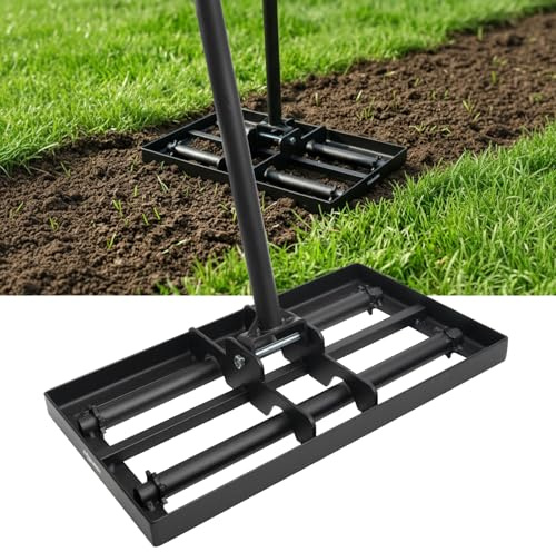 TOOLMAYS Rastrillo nivelador de césped, 43 × 30 cm, herramienta de césped de nivel de acero A3, mango largo de ajuste de 207 cm, herramienta niveladora de césped resistente que ahorra esfuerzo para