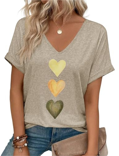 heekpek Women's T-Shirts Summer Casual Deep V Neck T Shirts Rolled Up Short Sleeve 3 Heart Print Loose Tee Shirts Basic Tops