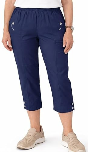 Pantacourt pour femme 7/8 avec taille élastique - Pantalon confortable à enfiler pour les personnes âgées et les personnes nécessitant des soins - Pantalon d'été léger extensible avec poches