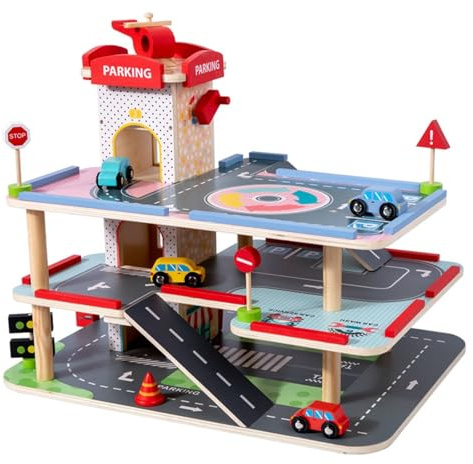 PETSOLA Parking Jouet en Bois avec Ascenseur Multiples Accessoires Inclus Station de Jeu Parking avec Hélicoptère pour Garçons, Enfants, Chambre d'enfant, M-Parking Centre