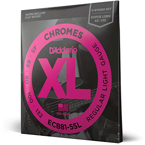 D'Addario XL Chromes Flatwound Basssaiten ECB81-5SL, 45-132, 5-Saiter | XL Chromes Flatwound Basssaiten bieten warmen Klang, geschmeidiges Spielgefühl und Haltbarkeit.