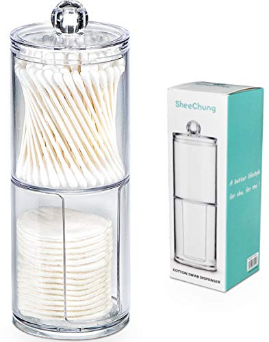 SheeChung 2-Pack Clear Acrylic Qtip Holder - Shatterproof Apothecary Jars for Bathroom Organization - Vanity Storage Canisters for Cotton Swabs, Balls, Pads, Floss Picks - Modern Decor