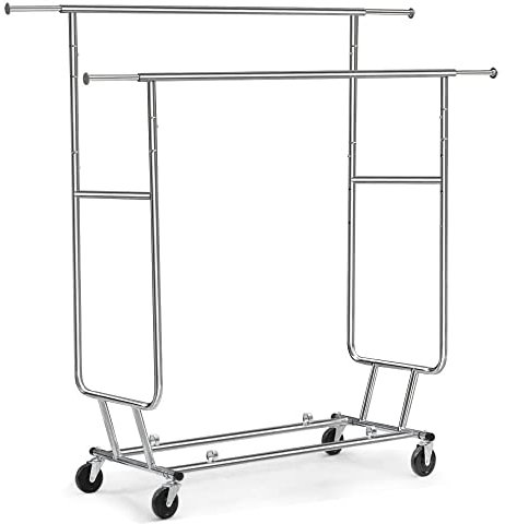 Yaheetech Industrie Kleiderständer Stabiler Garderobenständer 2 Kleiderstange mit Rollen Ausziehbarer Zusammenklappbar Höhenverstellbar Edelstahl