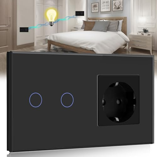 BSEED Interruptor Táctil de Pared Con Enchufe - 2 Gang 2 Vías + Enchufe Schuko 16A 250V - Panel de Cristal Conmutador de Superficie Negro
