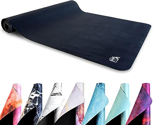 Träningsmatta, yogamatta, gymnastikmatta – 183 x 68 x 4 mm, tillverkad av miljövänligt naturgummi och halkfri med design och bärrem (Deep Black)