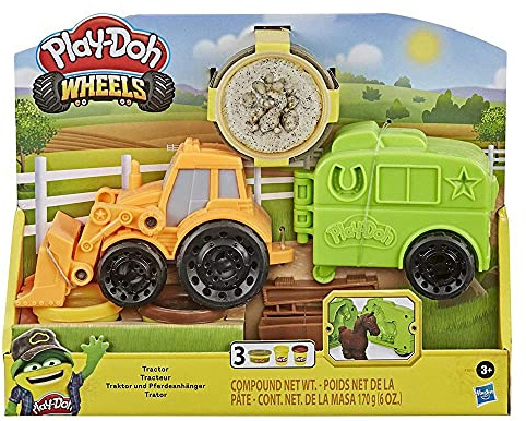 Play-Doh Räder Traktor Bauernhof Truck Spielzeug für Kinder ab 3 Jahren mit Pferdeanhänger Form und 3 Dosen ungiftiger Modelliermasse, F1012, Multi, ‎9.19 x 38.1 x 21.59 cm