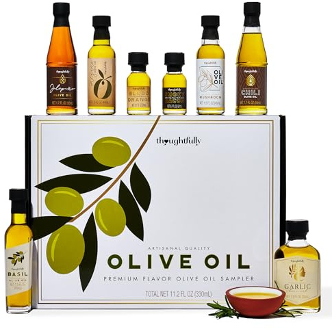Thoughtfully Gourmet, Olive Oil Sampler Gift Set, Premium Extra-Virgin Olive Oil from Spain, Natural Flavors Include Garlic, Chili, Smoky Bacon, Mushroom, Jalapeno and More, Set of 8