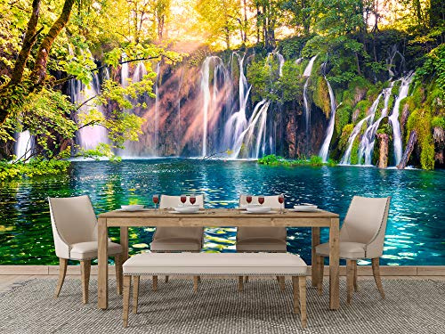 Oedim Fotomural Vinilo para Pared Bosque Verde con Lago Azul | Mural | Fotomural Vinilo Decorativo | 200 x 150 cm | Decoración comedores, Salones, Habitaciones