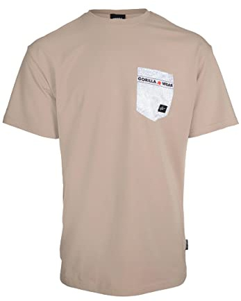 Gorilla Wear Dover Oversized T-Shirt - beige - hochwertig aus robustem und dehnbarem Stoff für Bodybuilding und Fitness übergroße Passform Brusttasche, L