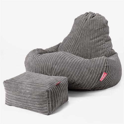 Lounge Pug - Gaming Sitzsack Sessel mit Hocker - Cord Schiefergrau - Ultra LUX - Sitzsack Sessel