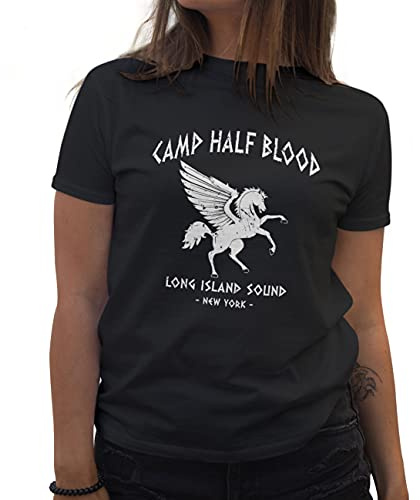 BroiderStudio Camp Half-Blood Percy Jackson Inspired PJO Heroes of Olympus Orange Maglietta Donna Nera Size S