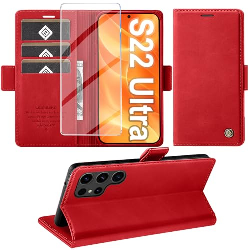 Giyer Handyhülle für Samsung Galaxy S22 Ultra 5G Hülle mit Schutzfolie, Standfunktion Kartenfach Wallet Premium Leder Schutzhülle S22 Ultra Flip Case Cover Stoßfeste Klapphülle 6,8 Zoll