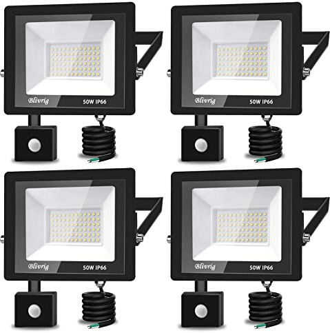 Blivrig Foco led con Sensor de Movimiento, 100W Focos LED,Proyector Led Exterior Super Brillante Foco LED Detector IP66 Impermeable para Jardín, Patio, Garaje (Blanco frio, 50W-4PCS)