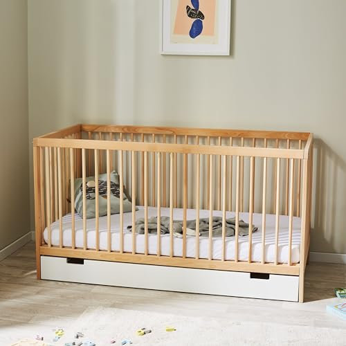 Kids Collective Babybett Kinderbett Gitterbett 60x120 höhenverstellbar & herausnehmbare Sprossen, mit Schublade | Buchenholz Natur sehr stabil Made in Europe | von Geburt bis 6. Lebensjahr