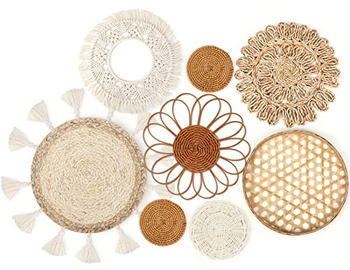 Marsui Set of 8 Boho Wall Hanging Set - Woven Rattan, Bamboo Baskets with Macrame Tassels & Tapestry for Bedroom, Living Room, Nursery Decor