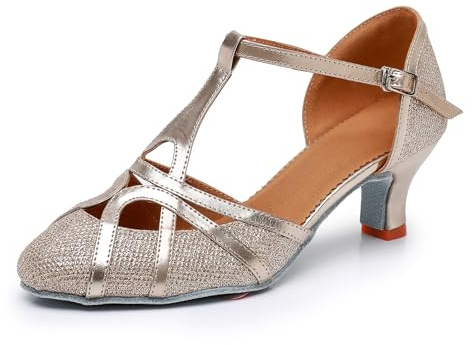 Rosefinch Chaussures de Danse Latine à Bride en T-pour Femme Bout Fermé Mode Salsa Tango Cha-Cha Chaussures de Danse pour Mariage et Soirée -Champán 5cm Talon 41 EU