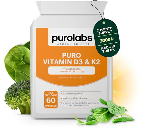 Purolabs Vitamin D3 3000iu & K2 100ug (MK7) - High Strength Vitamin D Supplement for Immune Support, Mood & Bone Health - Vitamin D3 K2 Vegetarian Capsules - Vitamin D Tablets 60 Count