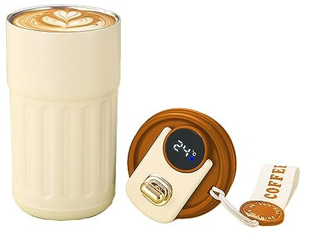 Kaffee Thermoskanne mit Temperaturanzeige, heiß & kalt, auslaufsicher Kaffeebecher mit Deckel, Edelstahl Isolierbecher mit Umhängeband, Männer Frauen Unterwegs Smart Wasserbecher (Braun)