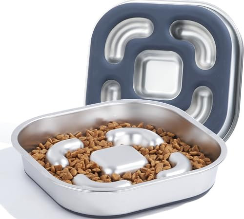 Nicelock Slow Feeder Dog Bowl Stainless Steel 4 Cups, Metal Dog Food Slow Feeding with Non-Slip Silicone Mat | Preventing Indigestion Eco-Friendly Durable Bowl