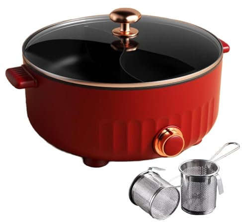 ARTSIM Hot Pot, 1350 Watts Appareil Fondue Chinoise IdéAl pour Les RéUnions De Famille (avec 2 Filets Non éTanches),Red