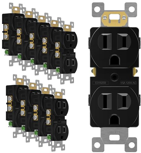 ENERLITES Duplex Receptacle Outlet, Residential Grade Electrical Wall Outlet, 15A 125V, Self-Grounding, 2-Pole, 3-Wire, UL Listed, 61581-BK-10PCS, Black (10 Pack)