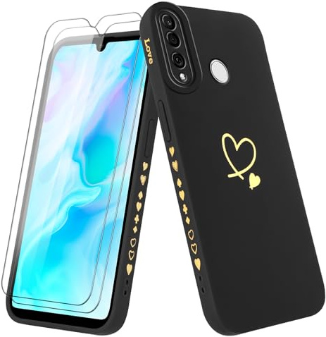 Vauki Hülle für Huawei P30 Lite/Nova 4e mit 2 Stück Schutzfolie Handyhülle Mädchen mit Herz Motiv Muster Weiches Dünne Silikon TPU Stoßfest Kratzfeste Case für Huawei P30 Lite, Claret