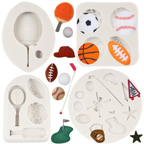 FCKEMLDS Baseball Silicone Molds Golf Tennis Fondant Molds for Cake Decoration Chocolate Candy Gum Paste Cupcake Topper Polymer Clay Set of 4