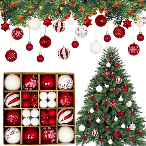 44 Stücke weihnachtskugeln Kunststoff rot weiß weihnachtsbaumschmuck-Set,große rote weihnachtskugeln Weihnachtsbaumschmuck mit Aufhänger Bruchsicher, Weihnachtsdeko Aussen Innen