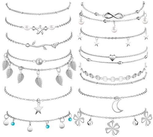 Otuuz 12 Stück Fußkettchen für Damen Verstellbare Knöchelarmband Wasserdichte Knöchelketten Boho Strand Knöchel Schmuck Geschenk