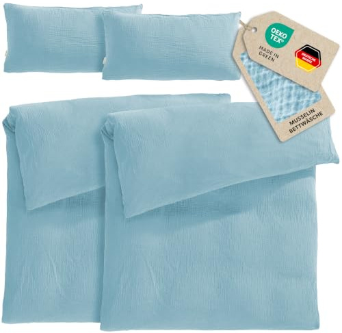 Pure Label Musselin Bettwäsche 4tlg 2x135x200+2x40x80 - Blau | Traumhaft weiche, kuschelige Bettwäsche-Sets aus Musselin - 40° Waschbar