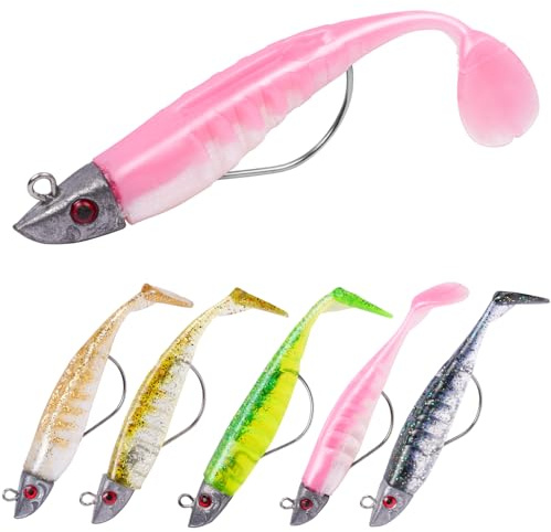 HOTUT Leurres de Pêche Souples, 5 pièces - Leurre Souple Mer, Leurre Peche Carnassier pour Bar, Truite, Marigane, Leurre Peche avec T-Tail, Équipement de Pêche Pré-jigged, Cadeaux Hommes