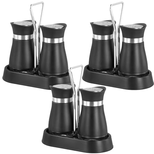 UNGFEI 3 Pairs Salt and Pepper Shaker Sets with Holder, 120ml Capacity | Salt and Pepper Glass Pots for Home, Kitchen, Restaurant, Table, Black