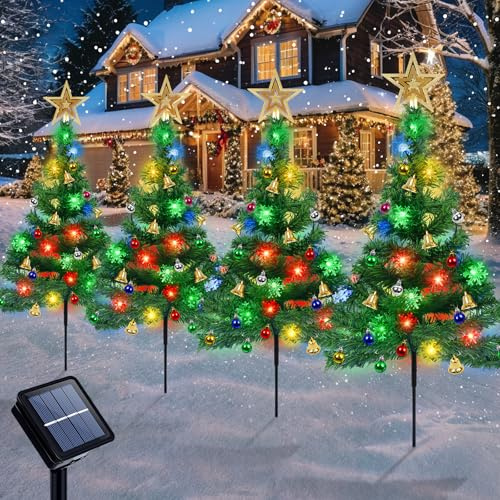 Solar Christmas Tree with Star Topper - 4 Pack with Snowflake 80LED Lights, Outdoor Garden Lights with Bells for Decoration