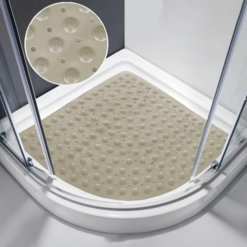 REESTOO Eck-Duschmatte, rutschfest Quadrant Badematte Groß Antirutschmatte mit Saugnäpfen und Ablauflöchern, Maschinenwaschbar Massage Duschmatte für Badewanne Dusche Badezimmer, 70 x 70cm (Khaki)