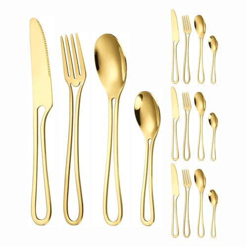Hohler Griff Küche Edelstahl Besteck Geschirr Besteck Set Steak Messer Gabel Löffel Teelöffel (Gold,16 Stück)